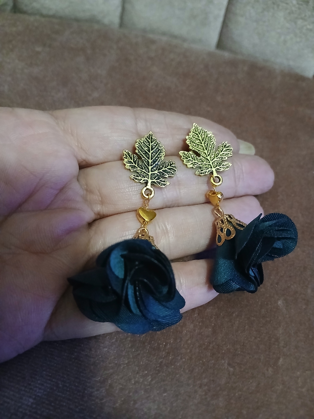 Gold Leaf and Teal Rose Drop Earrings - Elegant Women's Jewelry